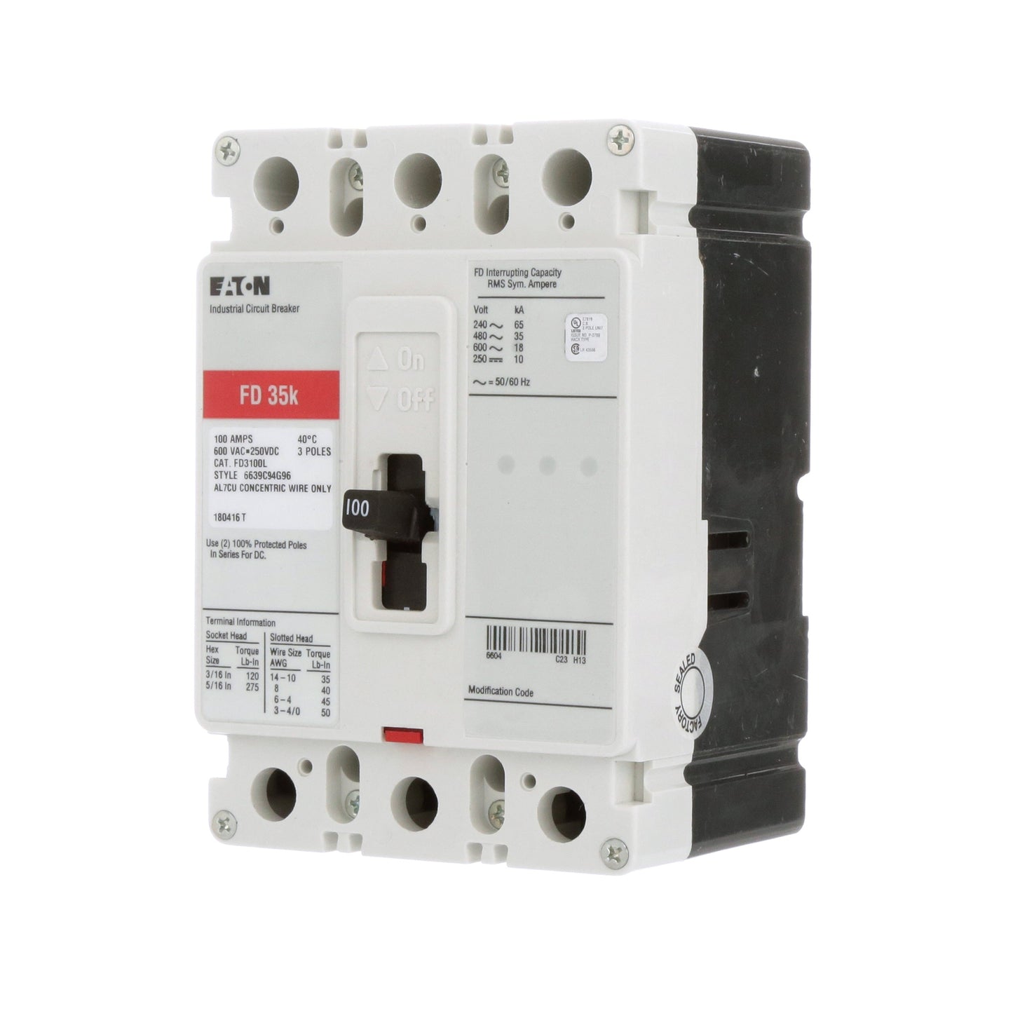 Cutler Hammer FD3100L Circuit Breaker | Series C FD 600V 100A