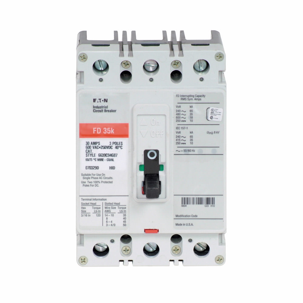 FD3125V - Eaton Bolt-On 600V 125A 3 pole circuit breaker 35kA@480V - Essential Electric Supply