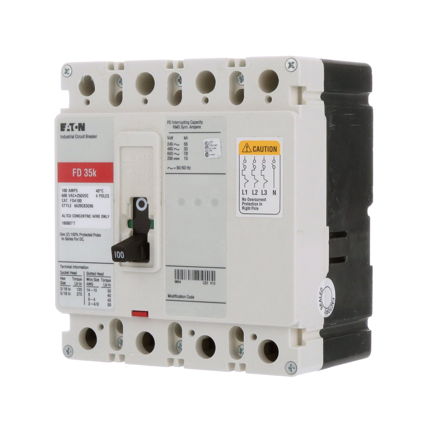 Cutler Hammer, Eaton, Westinghouse FD4100 Circuit Breaker | Series C FD 600V 100A