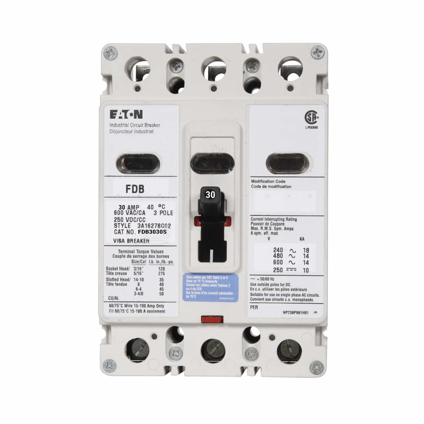 Cutler Hammer FDB3030S Circuit Breaker | 600V 30A 3P 14kA@480V Bolt-On Series C