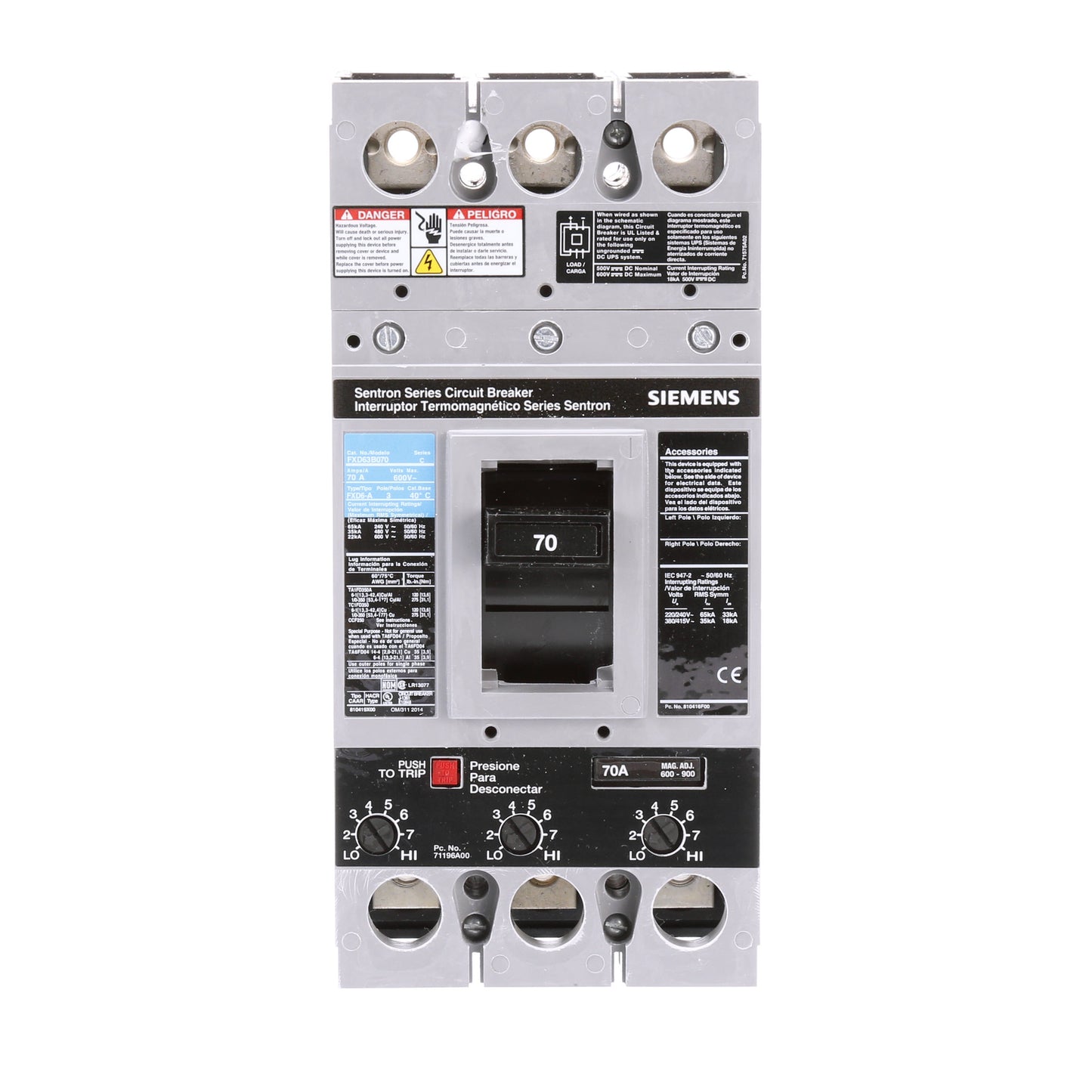 Siemens FXD63B070 Circuit Breaker | 600V 70A 3P 35kA@480V Bolt-On Sentron Series