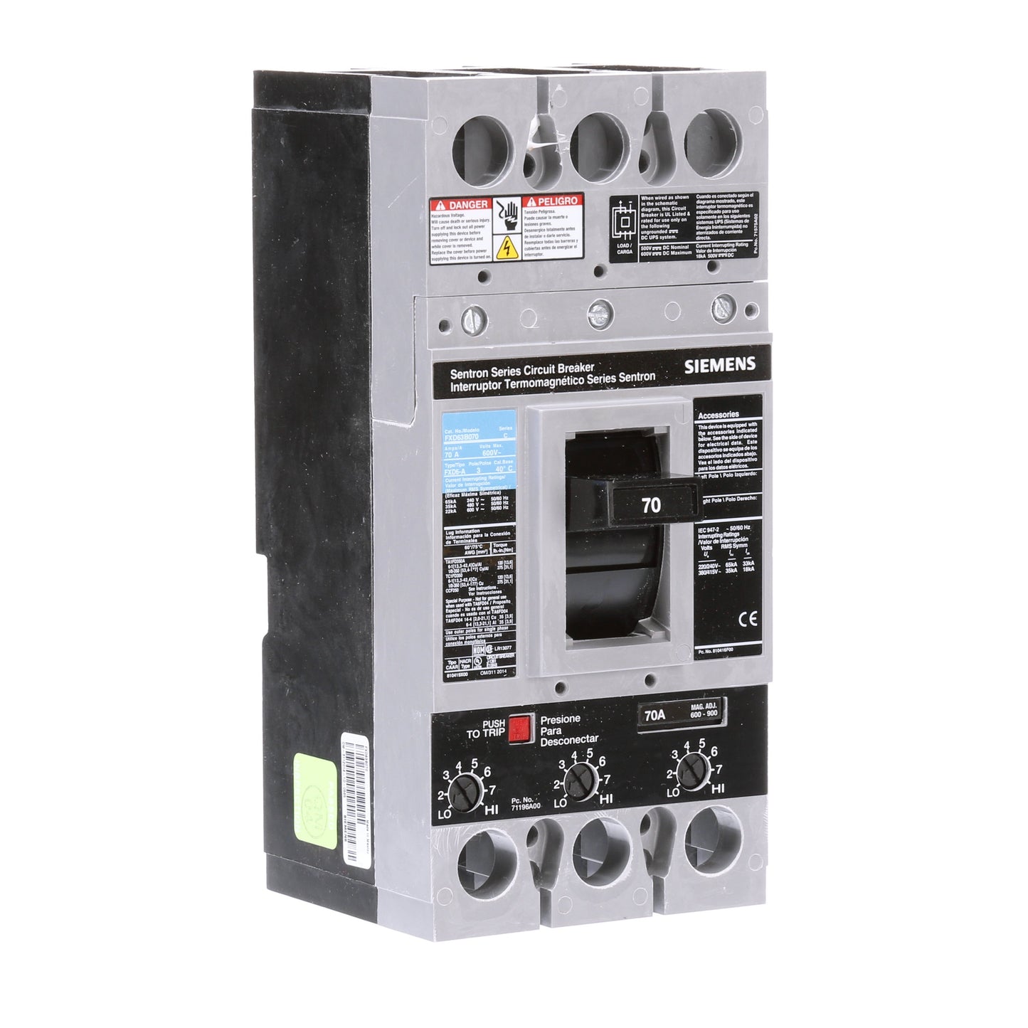 Siemens FXD63B070 Circuit Breaker | 600V 70A 3P 35kA@480V Bolt-On Sentron Series