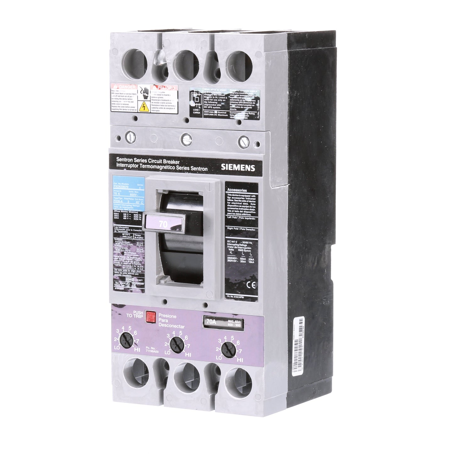 Siemens FXD63B070 Circuit Breaker | 600V 70A 3P 35kA@480V Bolt-On Sentron Series