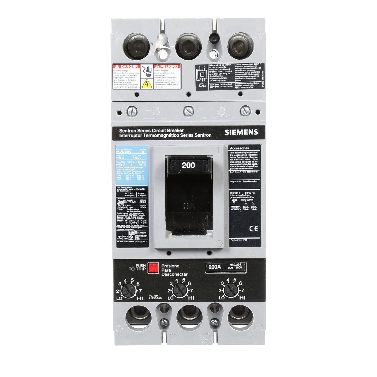 Siemens FXD63B200L Molded Case Circuit Breaker | 600V 200A 3P 35kA@480V Feed-Thru Sentron Series