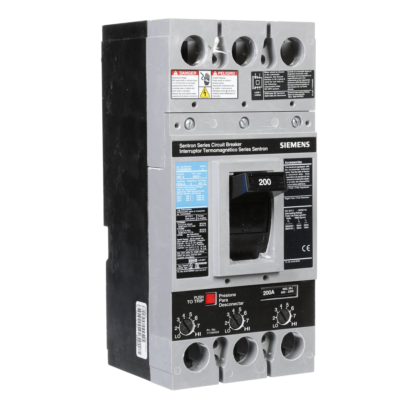 Siemens FXD63B200L Molded Case Circuit Breaker | 600V 200A 3P 35kA@480V Feed-Thru Sentron Series