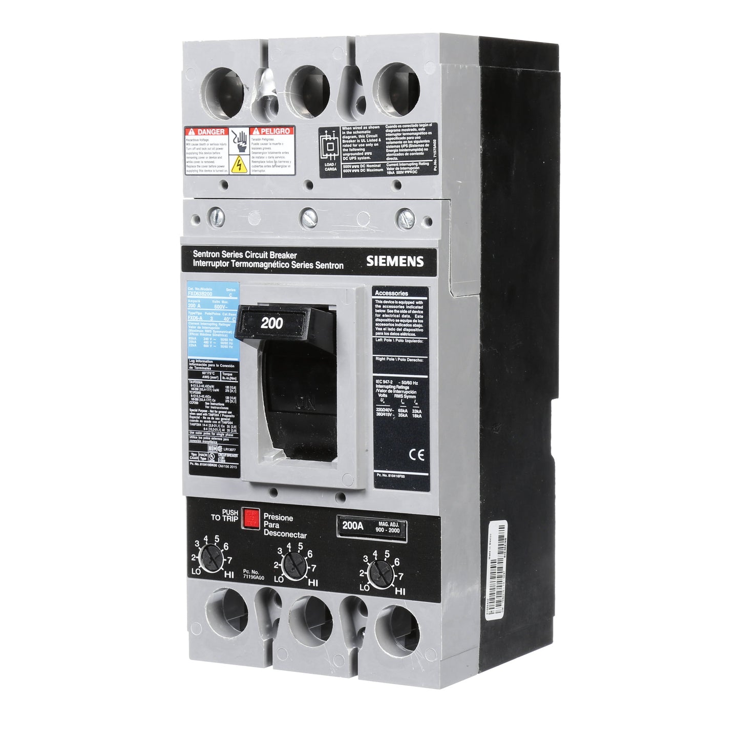 Siemens FXD63B200L Molded Case Circuit Breaker | 600V 200A 3P 35kA@480V Feed-Thru Sentron Series