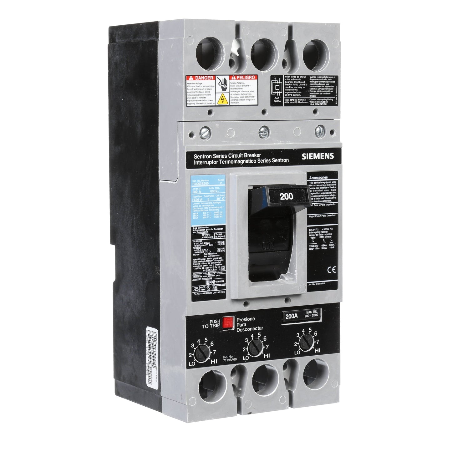 Siemens FXD63B200 Molded Case Circuit Breaker | 600V 200A 3P 35kA@480V Bolt-On Sentron Series