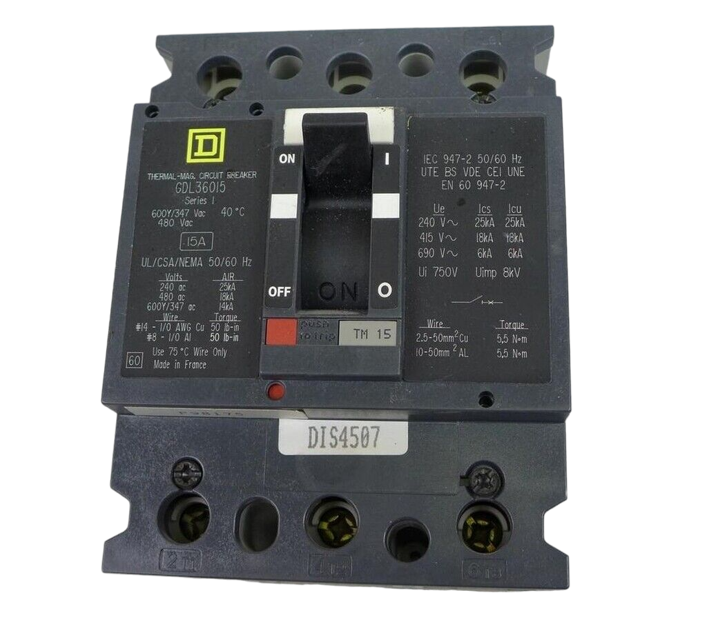 GDL36015 - Square D Feed-Thru 600V 15A 3 pole circuit breaker 18kA@480V - Essential Electric Supply