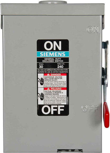 Siemens GF221NR Disconnect Switch | 240V 30A 1-Phase 2-Pole Fusible 100kA@240V VBII Series