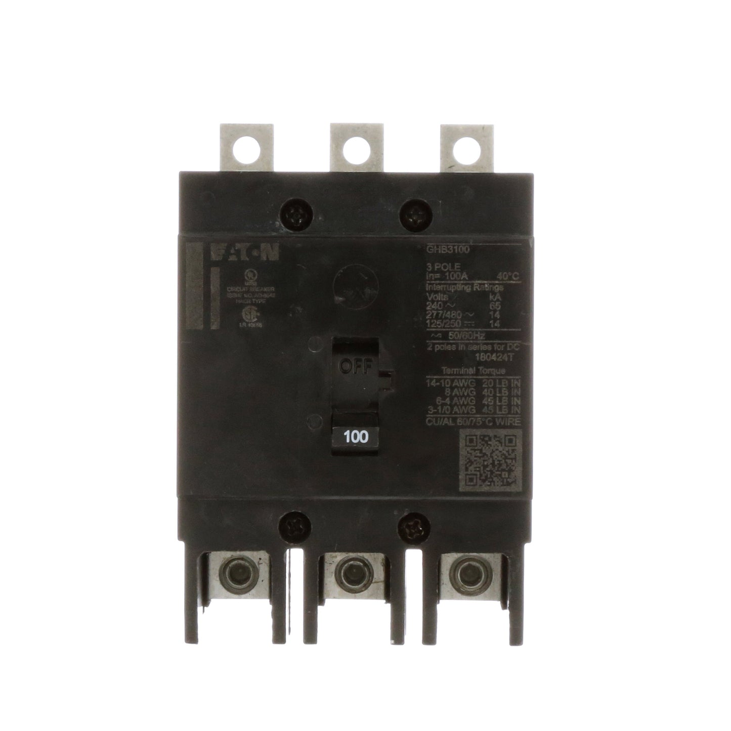 Eaton GHB3100 Circuit Breaker | 100A 3P 480V 14kA@480V Bolt-On GHB