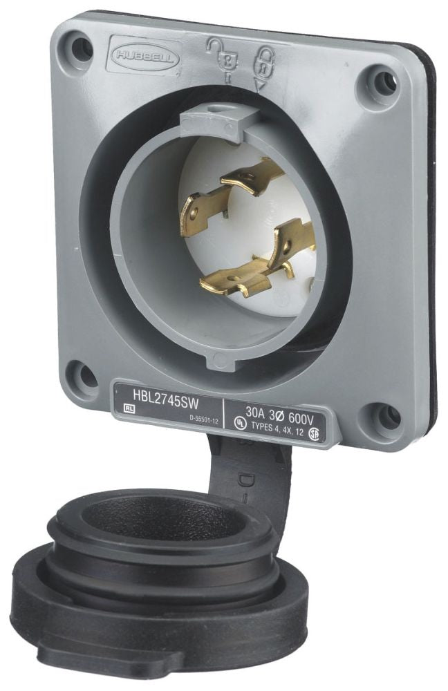 Hubbell HBL2745SW Twist-Lock Flanged Inlet | 30A 3-Phase 600V 3-Pole 4-Wire Watertight