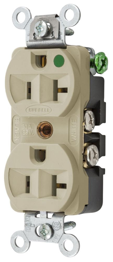 Hubbell HBL8300HI Duplex Receptacle Hospital-Grade 20A 125V 2-Pole 3-Wire Ivory