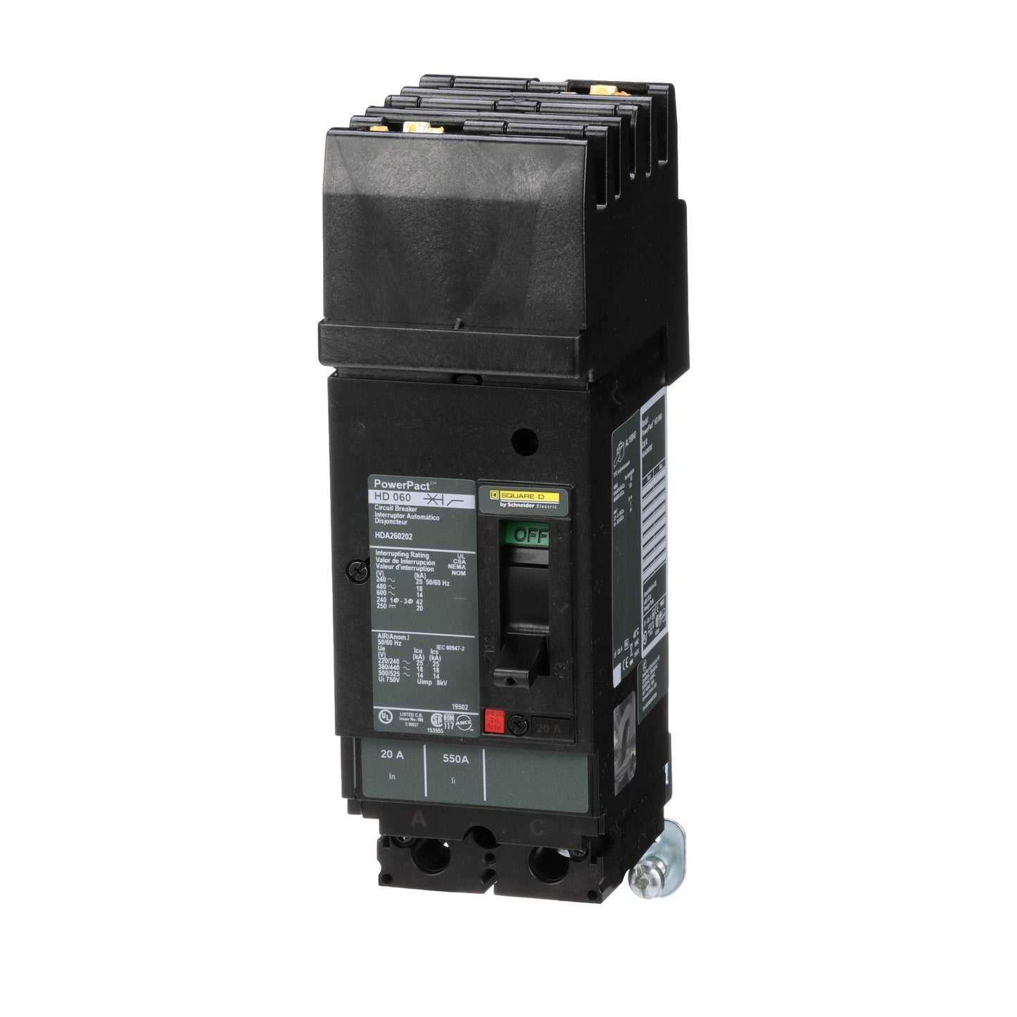 Square D HDA260202 Circuit Breaker | 600V 20A 2P 18kA@480V I-Line Plug-In Powerpact HDA