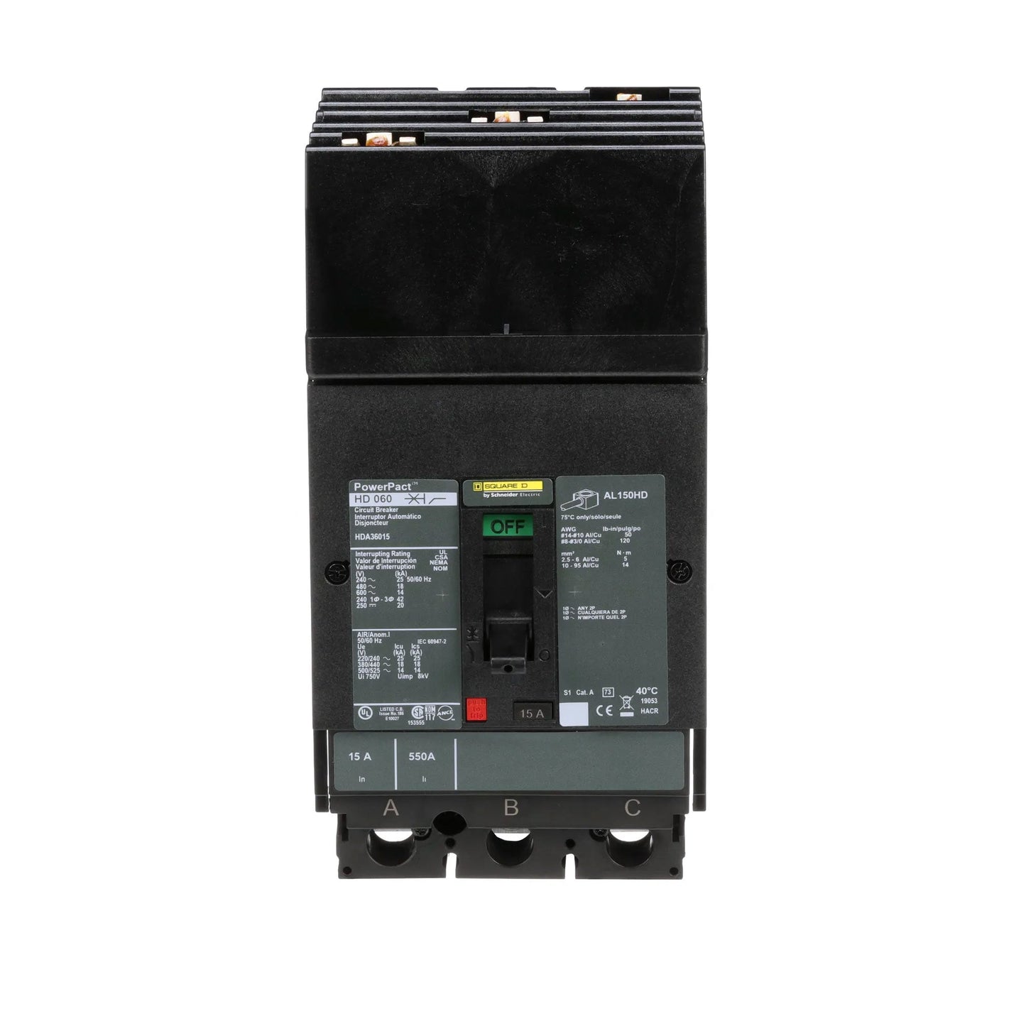 Square D HDA36015 Molded Case Circuit Breaker | 600V 15A 3P 18kA@480V I-Line Plug-In Powerpact HDA