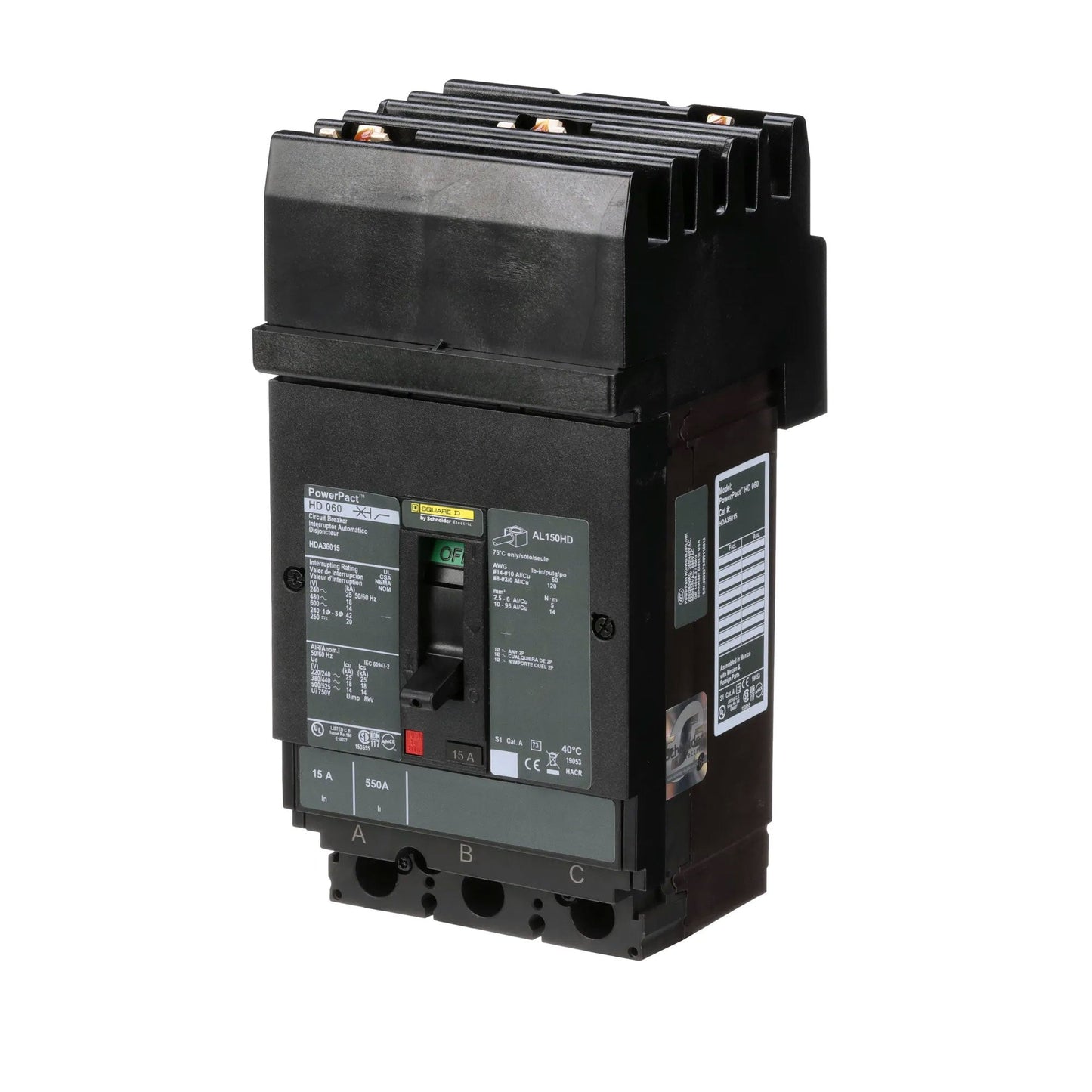 Square D HDA36015 Molded Case Circuit Breaker | 600V 15A 3P 18kA@480V I-Line Plug-In Powerpact HDA