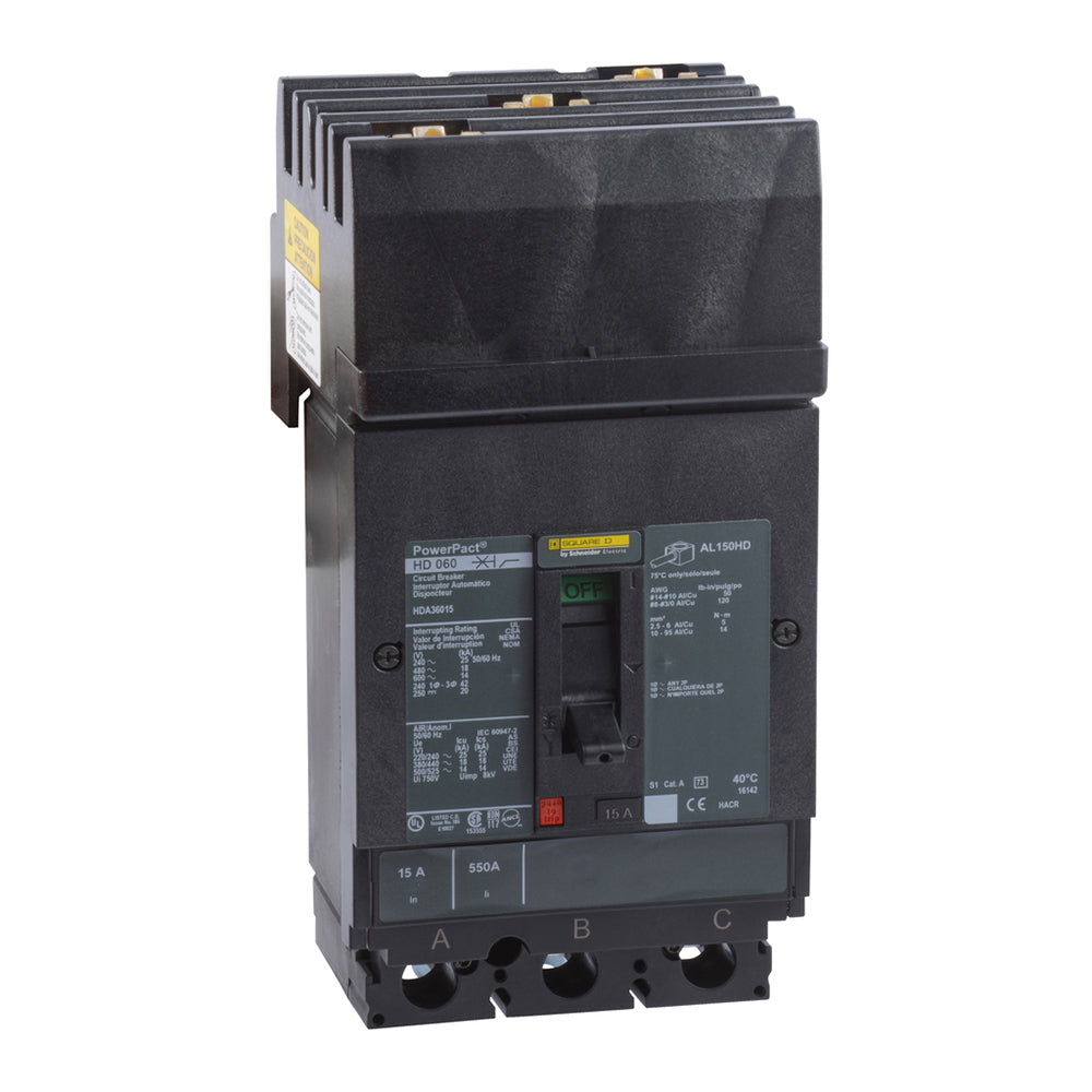 Square D HDA36015 Molded Case Circuit Breaker | 600V 15A 3P 18kA@480V I-Line Plug-In Powerpact HDA