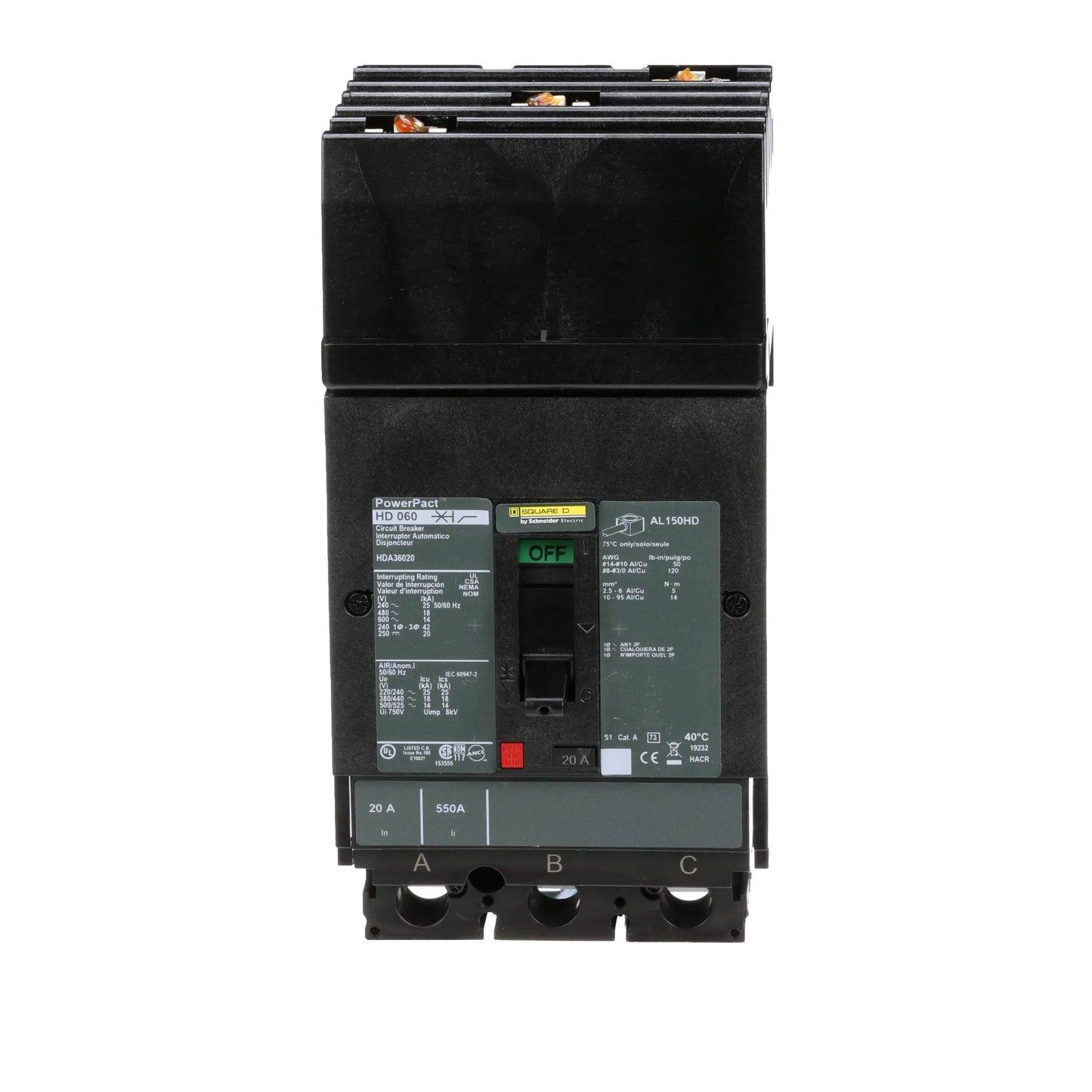 Square D HDA36020 Circuit Breaker | 600V 20A 3P 18kA@480V I-Line Plug-In Powerpact HDA