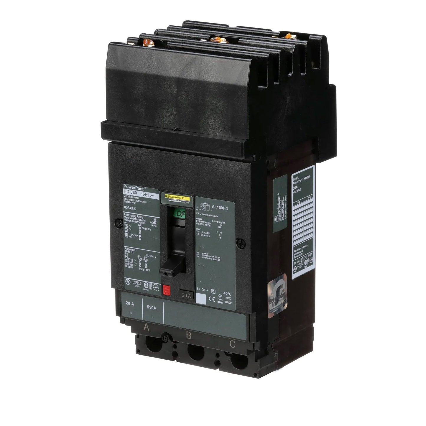 Square D HDA36020 Circuit Breaker | 600V 20A 3P 18kA@480V I-Line Plug-In Powerpact HDA