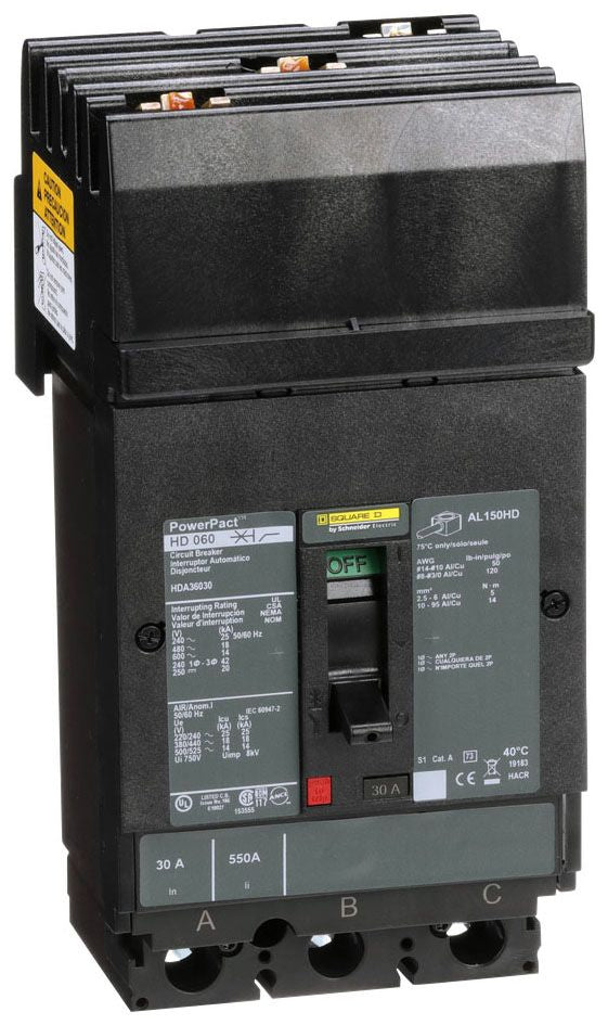 Square D HDA36030 Circuit Breaker | 600V 30A 3P 18kA@480V I-Line Style Plug-In Powerpact