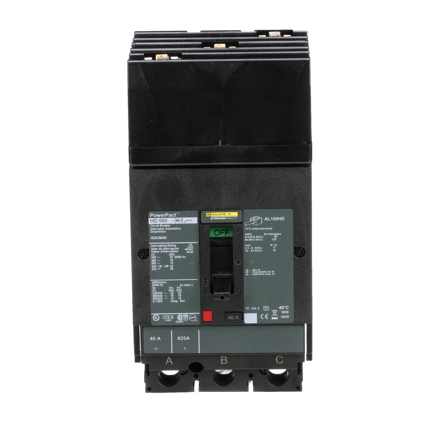 Square D HDA36040 Circuit Breaker | 600V 40A 3P 18kA@480V I-Line Style Plug-In Powerpact