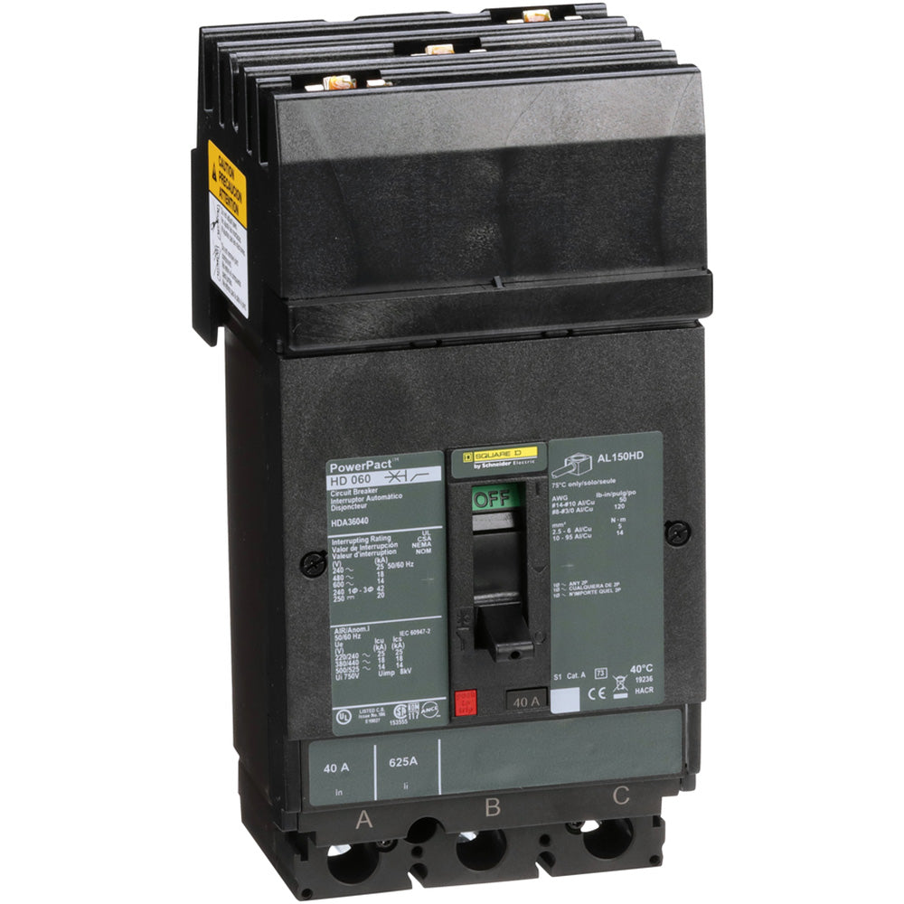 Square D HDA36040 Circuit Breaker | 600V 40A 3P 18kA@480V I-Line Style Plug-In Powerpact