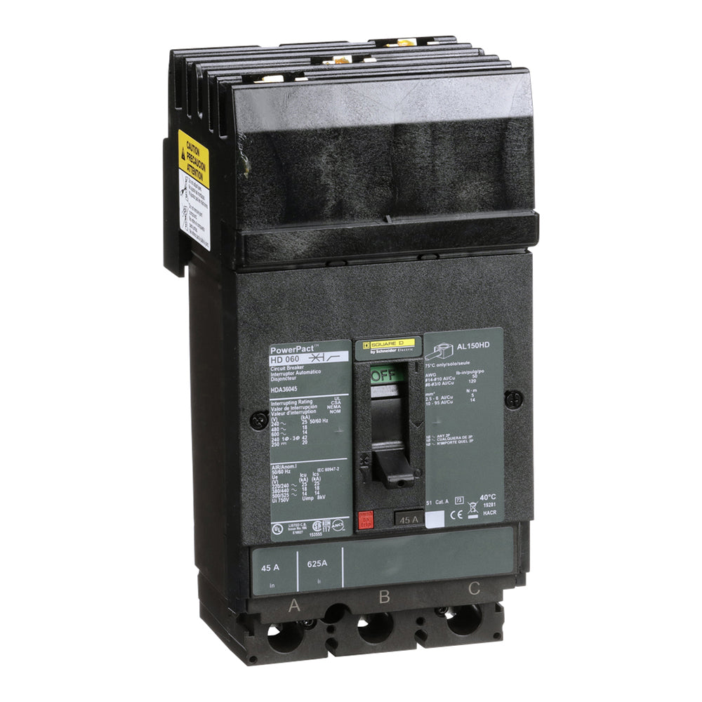 Square D HDA36045 Circuit Breaker | 600V 45A 3P 18kA@480V I-Line Plug-In Powerpact