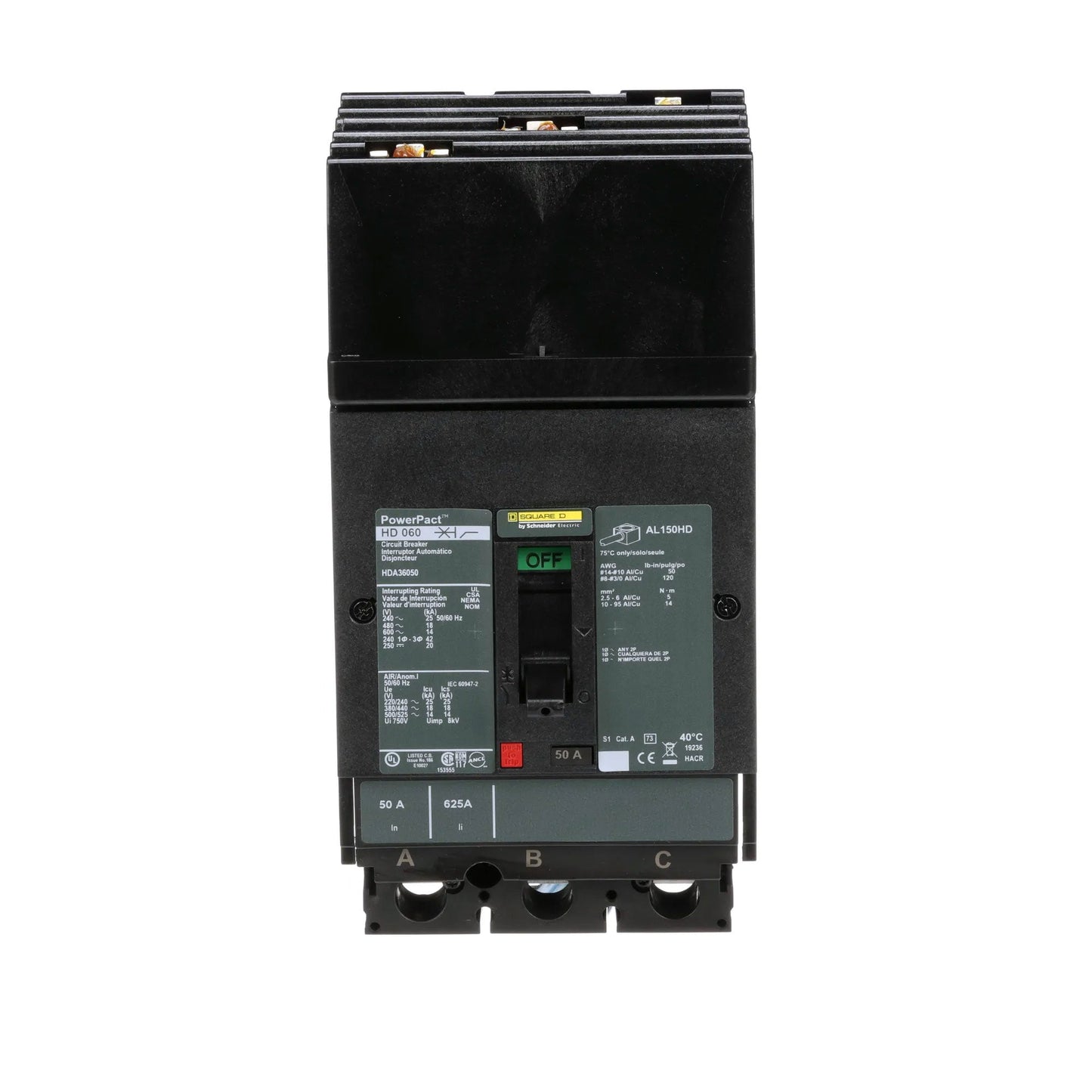 Square D HDA36050 Molded Case Circuit Breaker | 600V 50A 3P 18kA@480V I-Line Plug-In Powerpact HDA