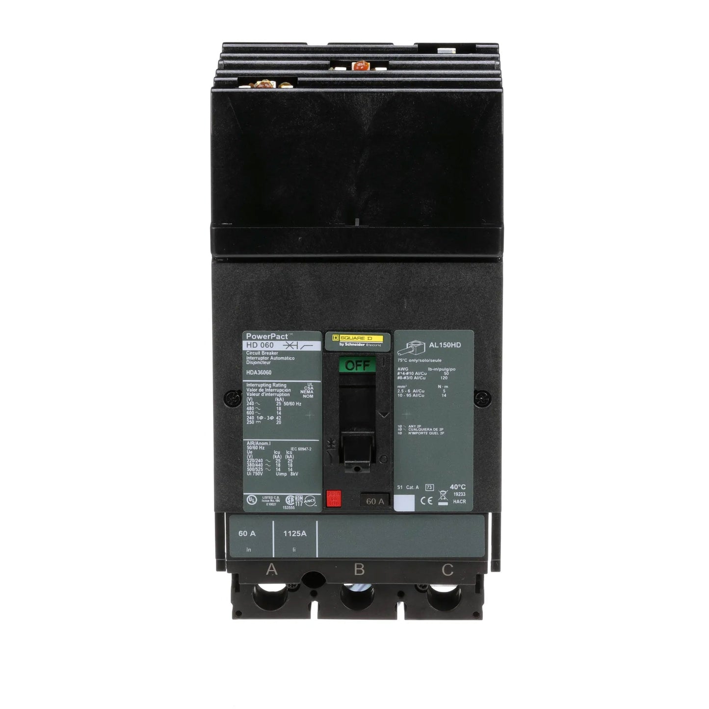 Square D HDA36060 Molded Case Circuit Breaker | 600V 60A 3P 18kA@480V I-Line Plug-In Powerpact HDA