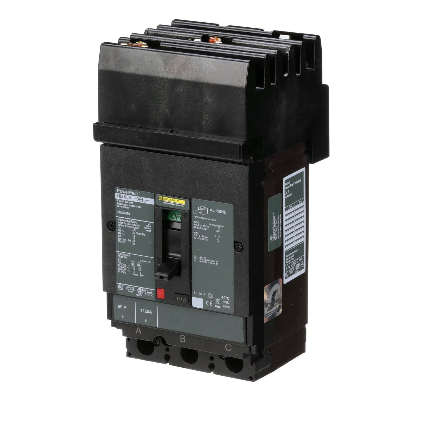 Square D HDA36060 Molded Case Circuit Breaker | 600V 60A 3P 18kA@480V I-Line Plug-In Powerpact HDA