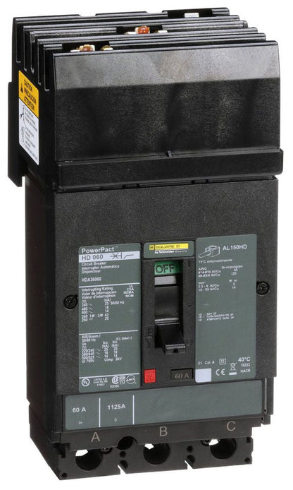 Square D HDA36060 Molded Case Circuit Breaker | 600V 60A 3P 18kA@480V I-Line Plug-In Powerpact HDA