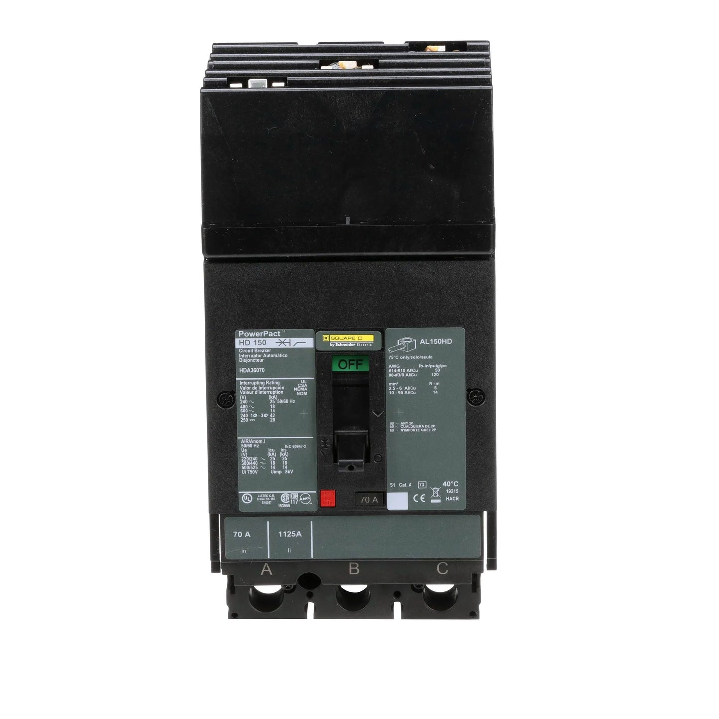 Square D HDA36070 Circuit Breaker | 600V 70A 3P 18kA@480V I-Line Style Plug-In Powerpact