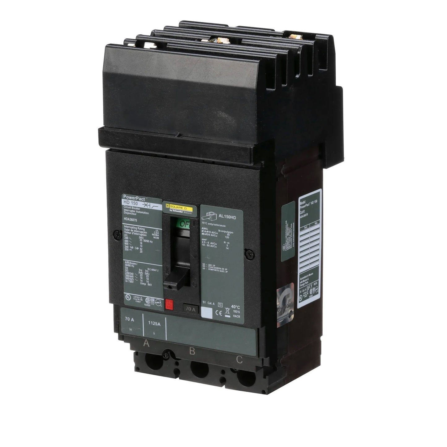Square D HDA36070 Circuit Breaker | 600V 70A 3P 18kA@480V I-Line Style Plug-In Powerpact