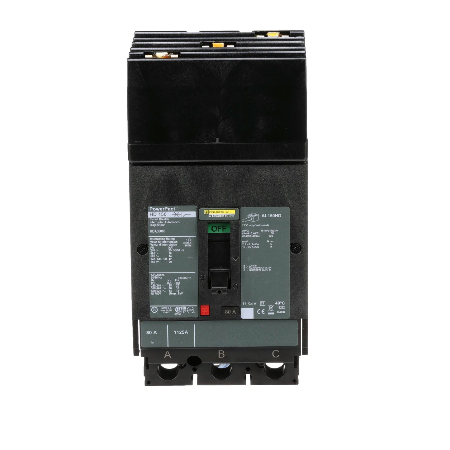 Square D HDA36080 Circuit Breaker | 600V 80A 3P 18kA@480V I-Line Plug-In Powerpact HDA