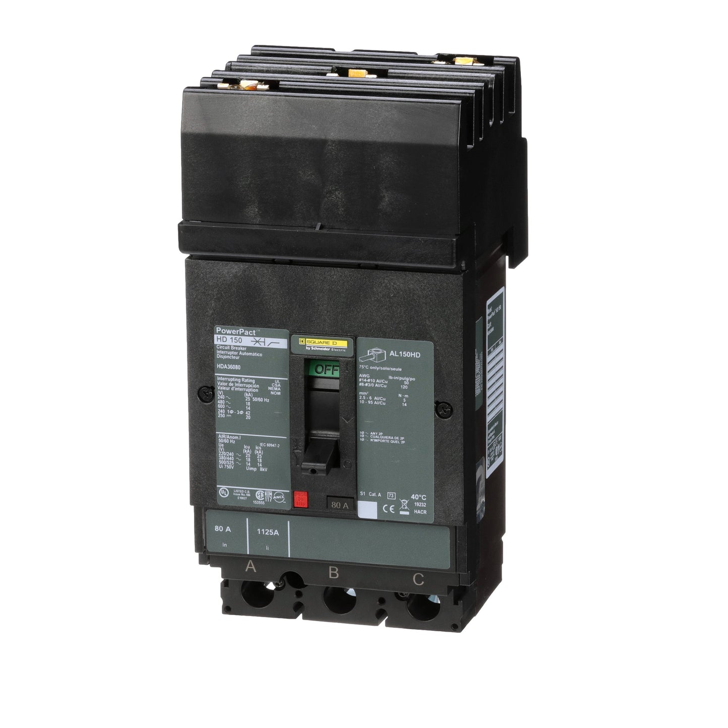 Square D HDA36080 Circuit Breaker | 600V 80A 3P 18kA@480V I-Line Plug-In Powerpact HDA