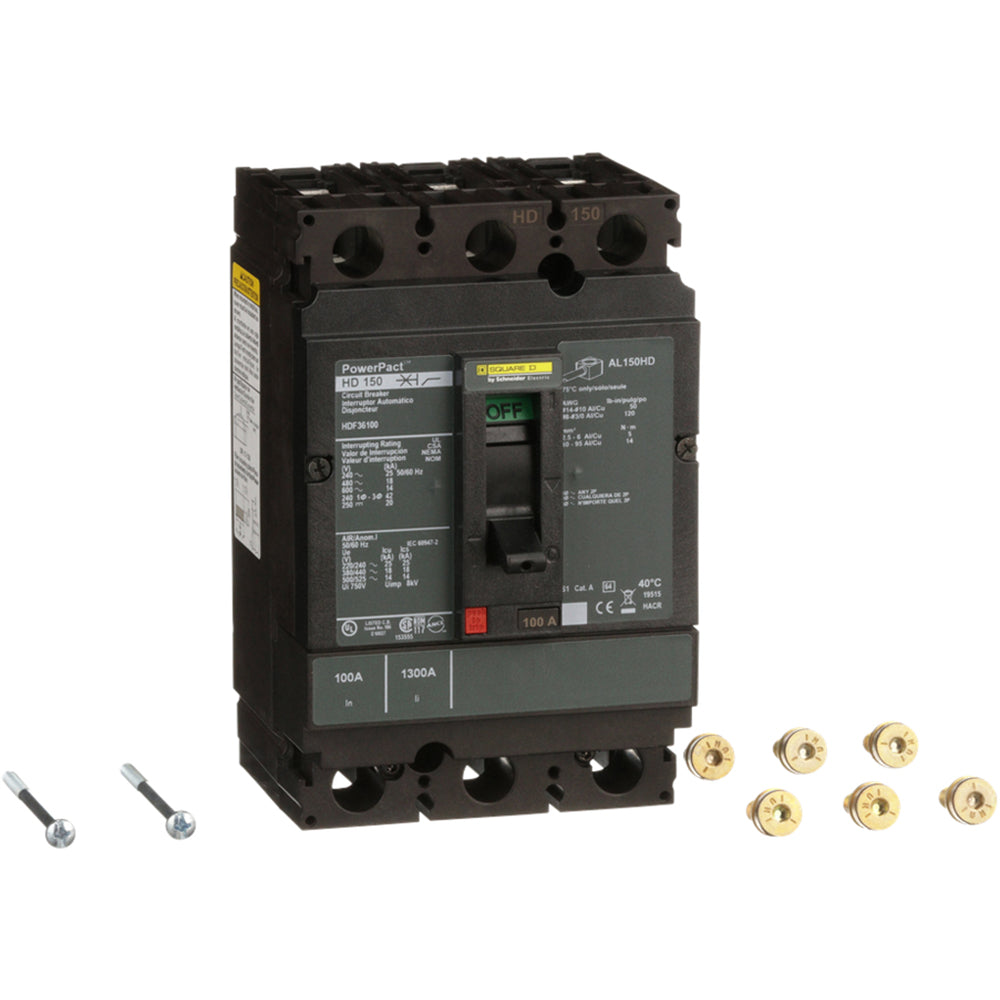 Square D HDF36100 Circuit Breaker | 600V 100A 3P 18kA@480V Bolt-On Powerpact HDF