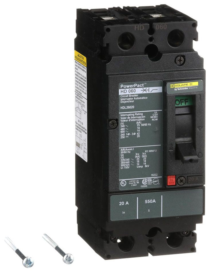 HDL26020 - Schneider Electric/ Square D Feed-Thru 20 Amp 2 Pole Circuit Breaker - Essential Electric Supply