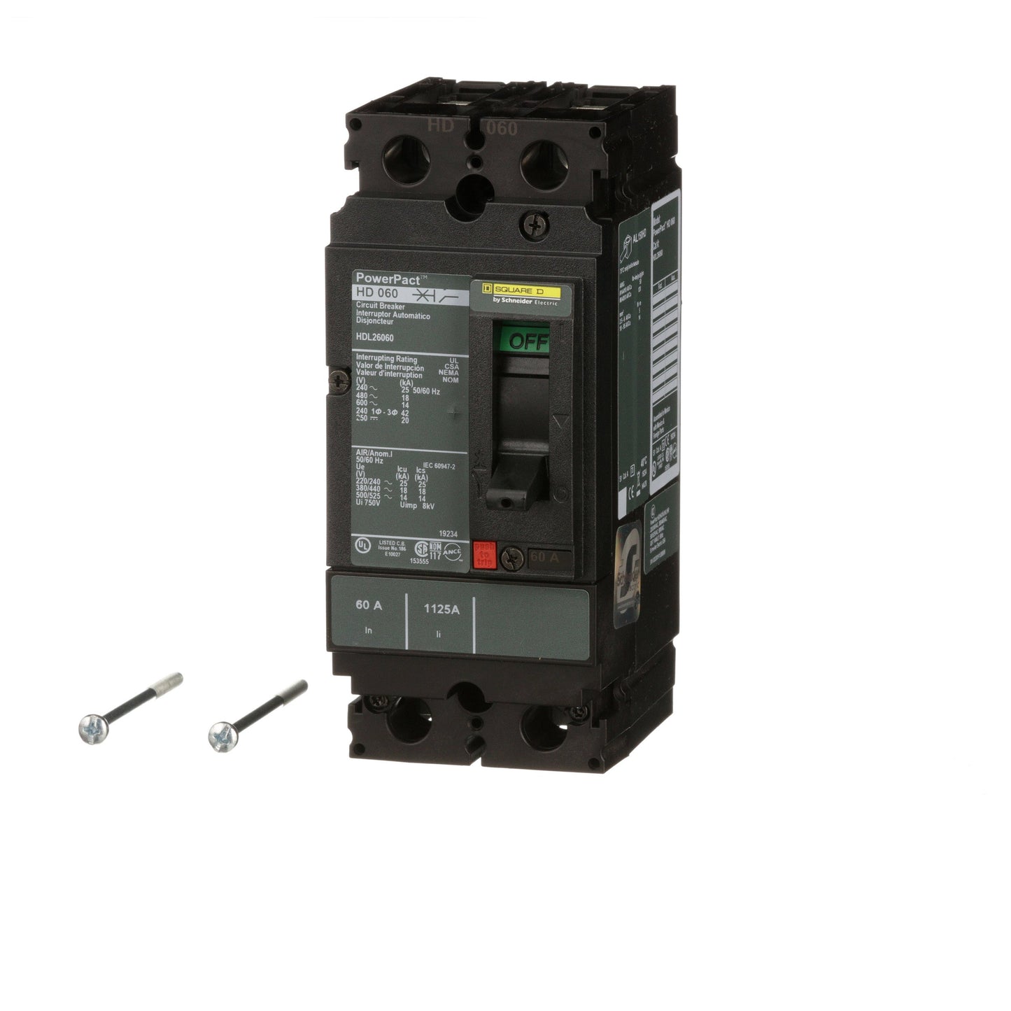 Square D HDL26060 Circuit Breaker | 600V 60A 2P 18kA@480V Bolt-On Powerpact