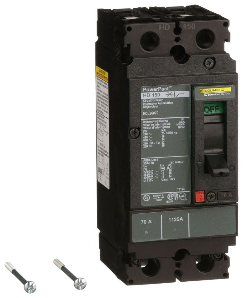 HDL26070 - Square D/ Schneider Electric Feed-Thru 70 Amp 2 Pole Circuit Breaker - Essential Electric Supply