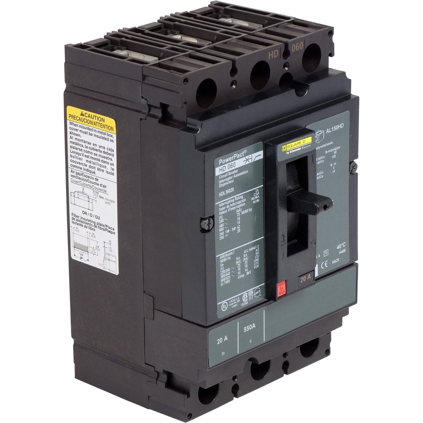 HDL36020C - Square D Feed-Thru 600V 20A 3 pole circuit breaker 18kA@480V - Essential Electric Supply