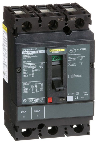 HDL36020AA - Schneider Electric/ Square D Feed-Thru 20 Amp 3 Pole Circuit Breaker - Essential Electric Supply