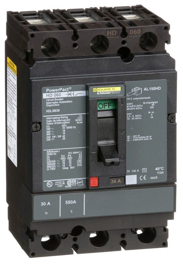 HDL36030 - Schneider Electric/ Square D Feed-Thru 30 Amp 3 Pole Circuit Breaker - Essential Electric Supply