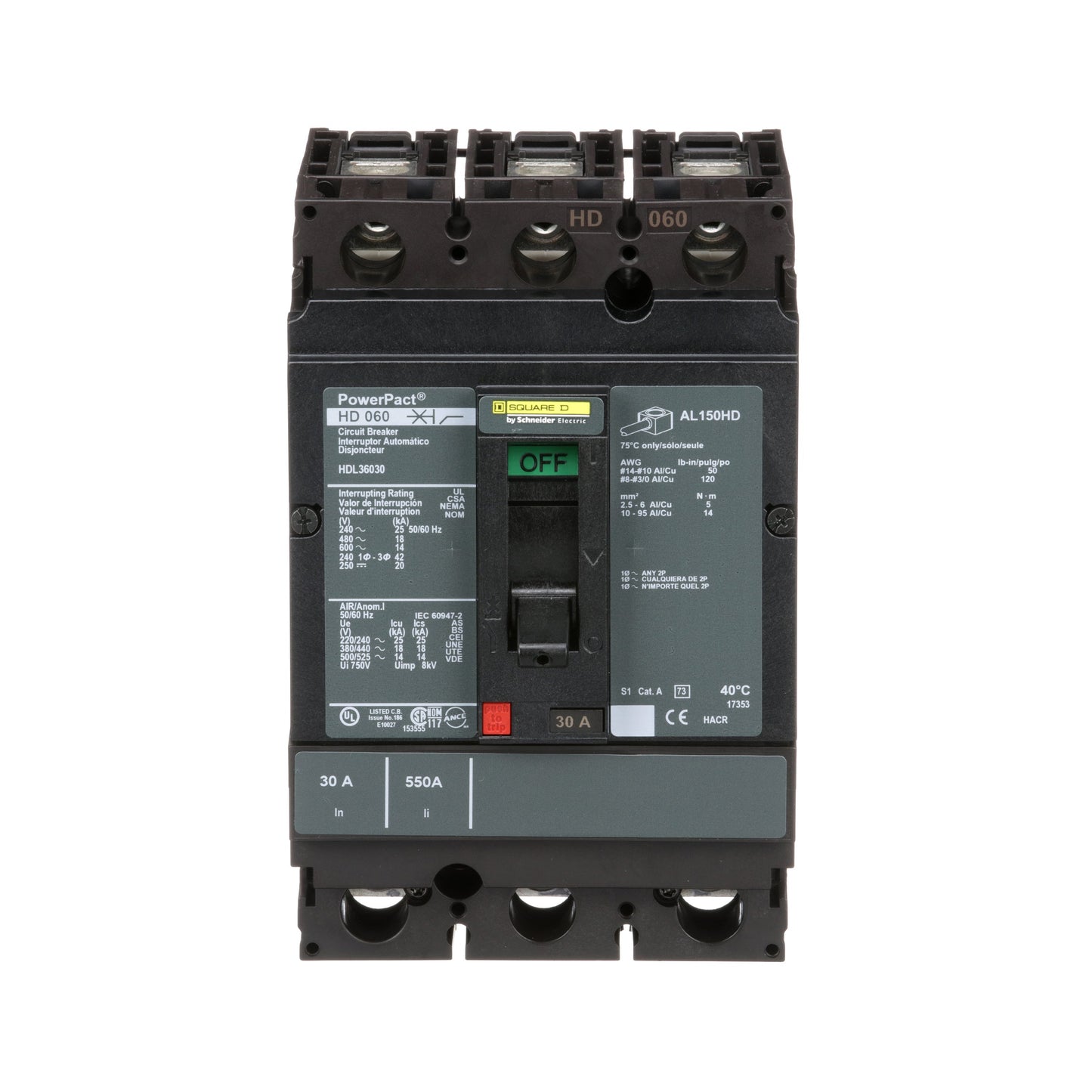 Square D HDL36030 Circuit Breaker | 600V 30A 3P 18kA@480V Bolt-On Powerpact