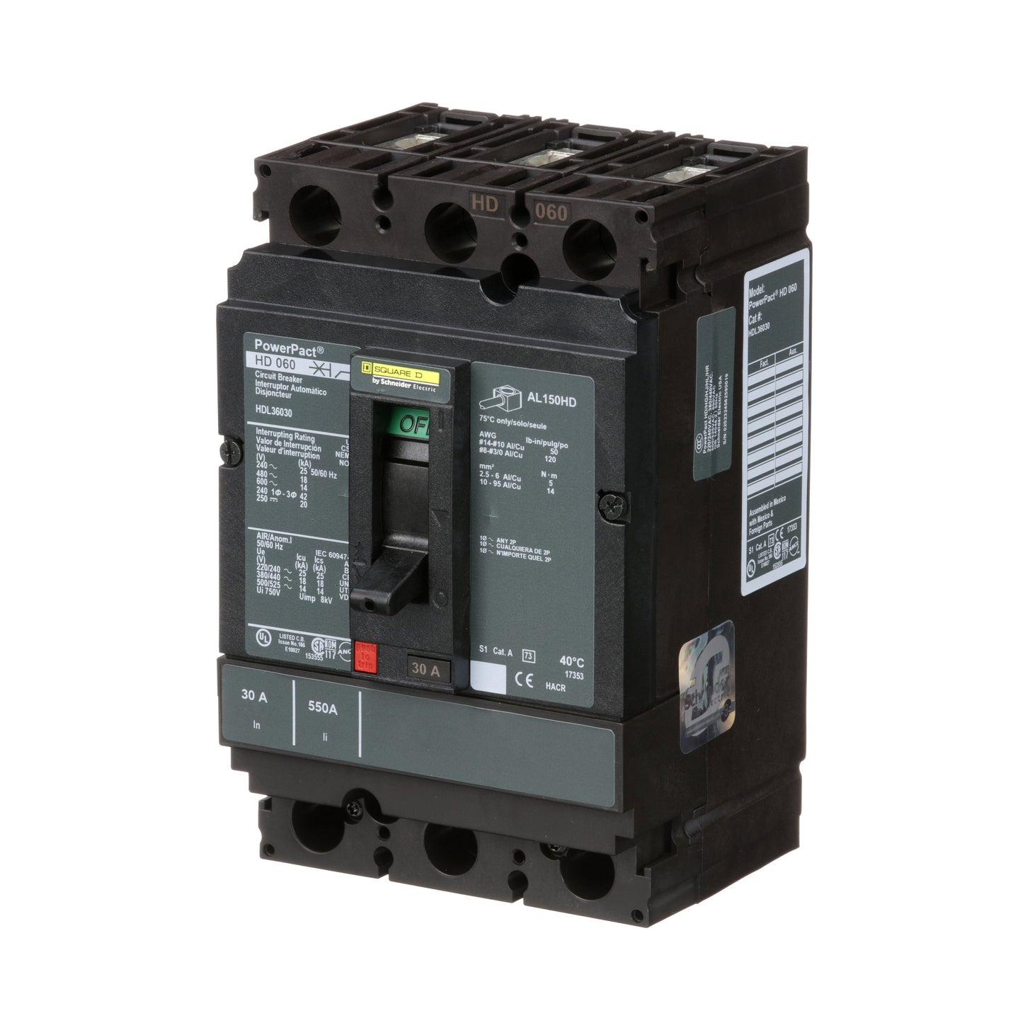 Square D HDL36030 Circuit Breaker | 600V 30A 3P 18kA@480V Bolt-On Powerpact