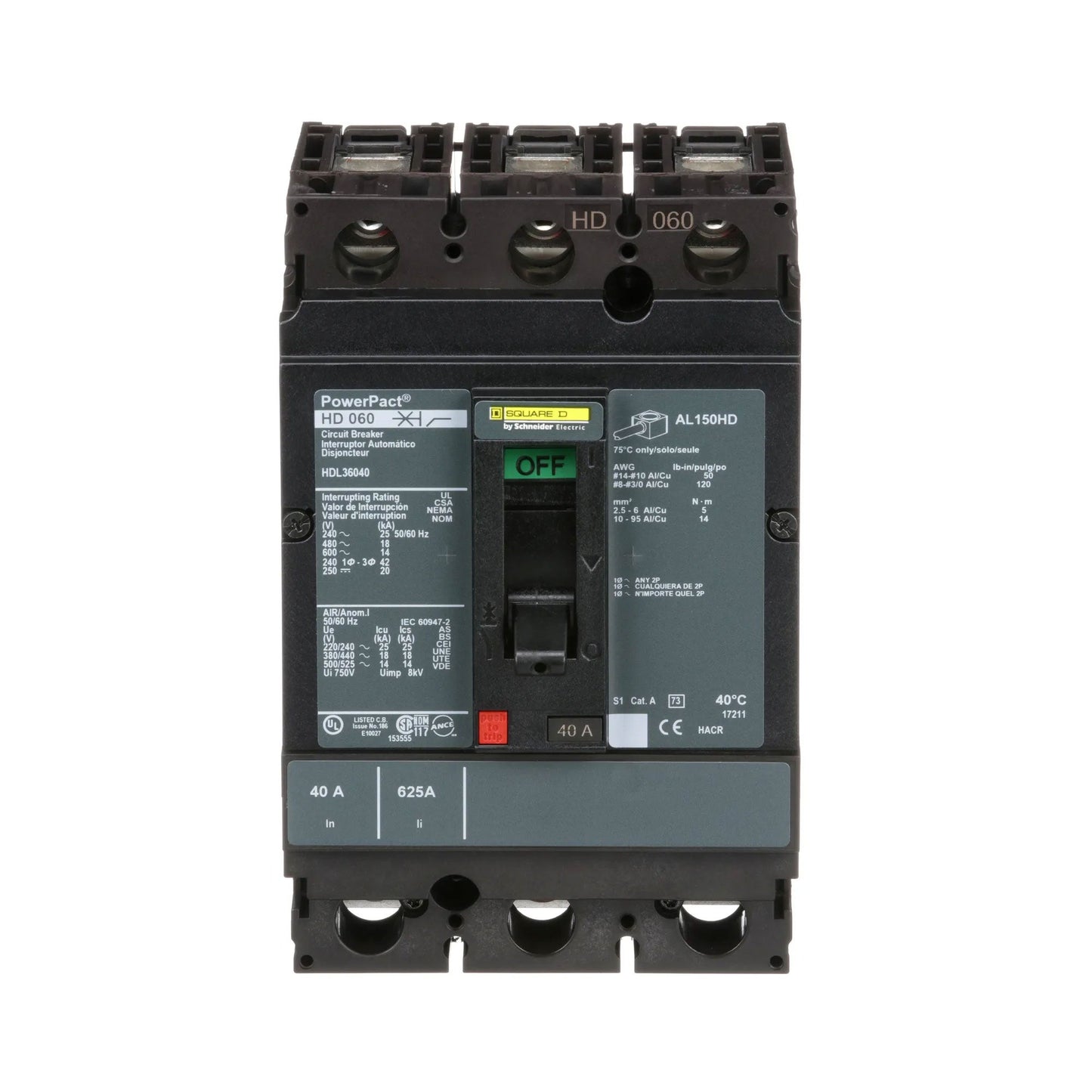 Square D HDL36040 Circuit Breaker | 600V 40A 3P 18kA@480V Bolt-On Powerpact