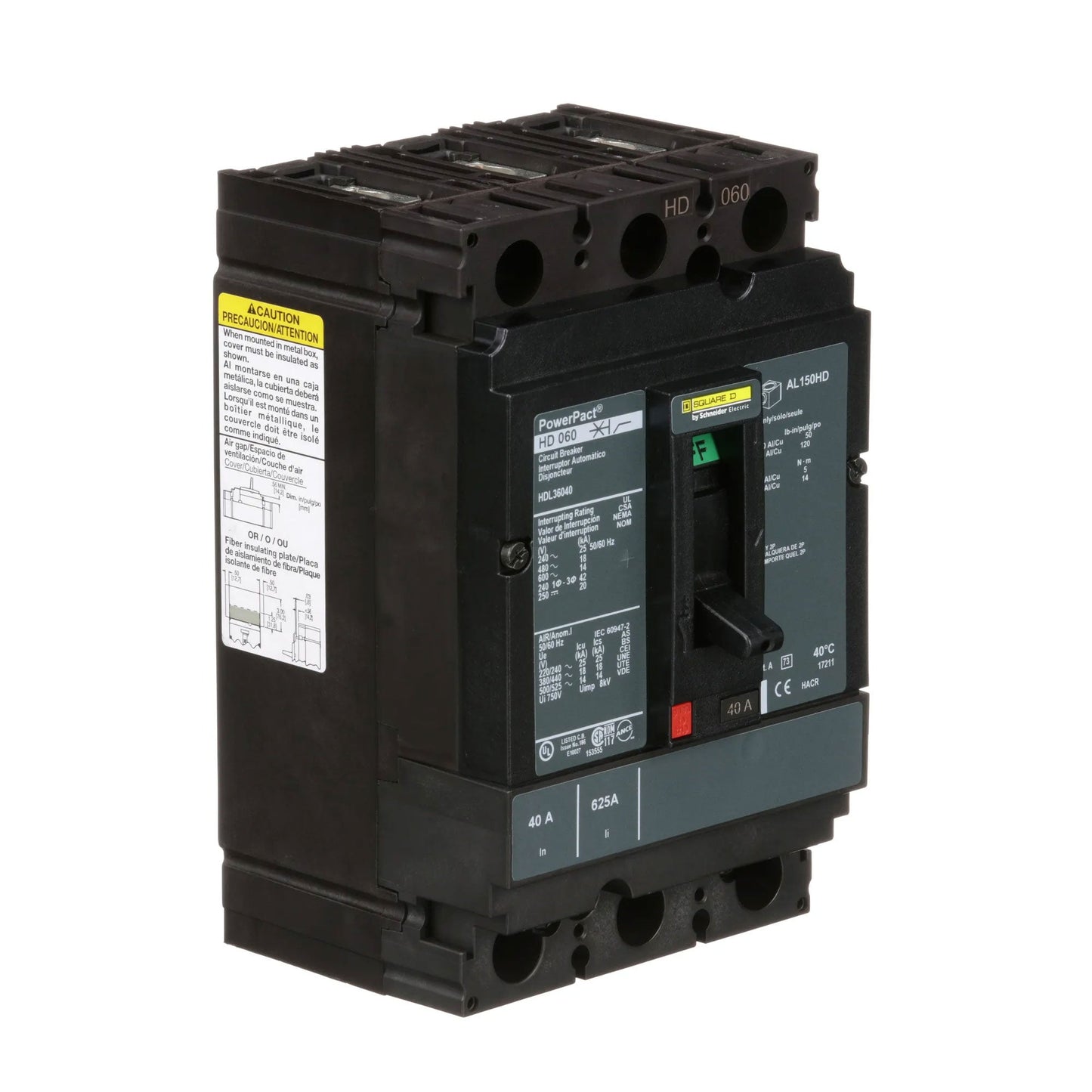 Square D HDL36040 Circuit Breaker | 600V 40A 3P 18kA@480V Bolt-On Powerpact