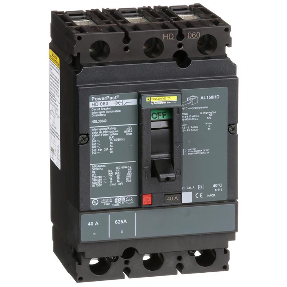 Square D HDL36040 Circuit Breaker | 600V 40A 3P 18kA@480V Bolt-On Powerpact