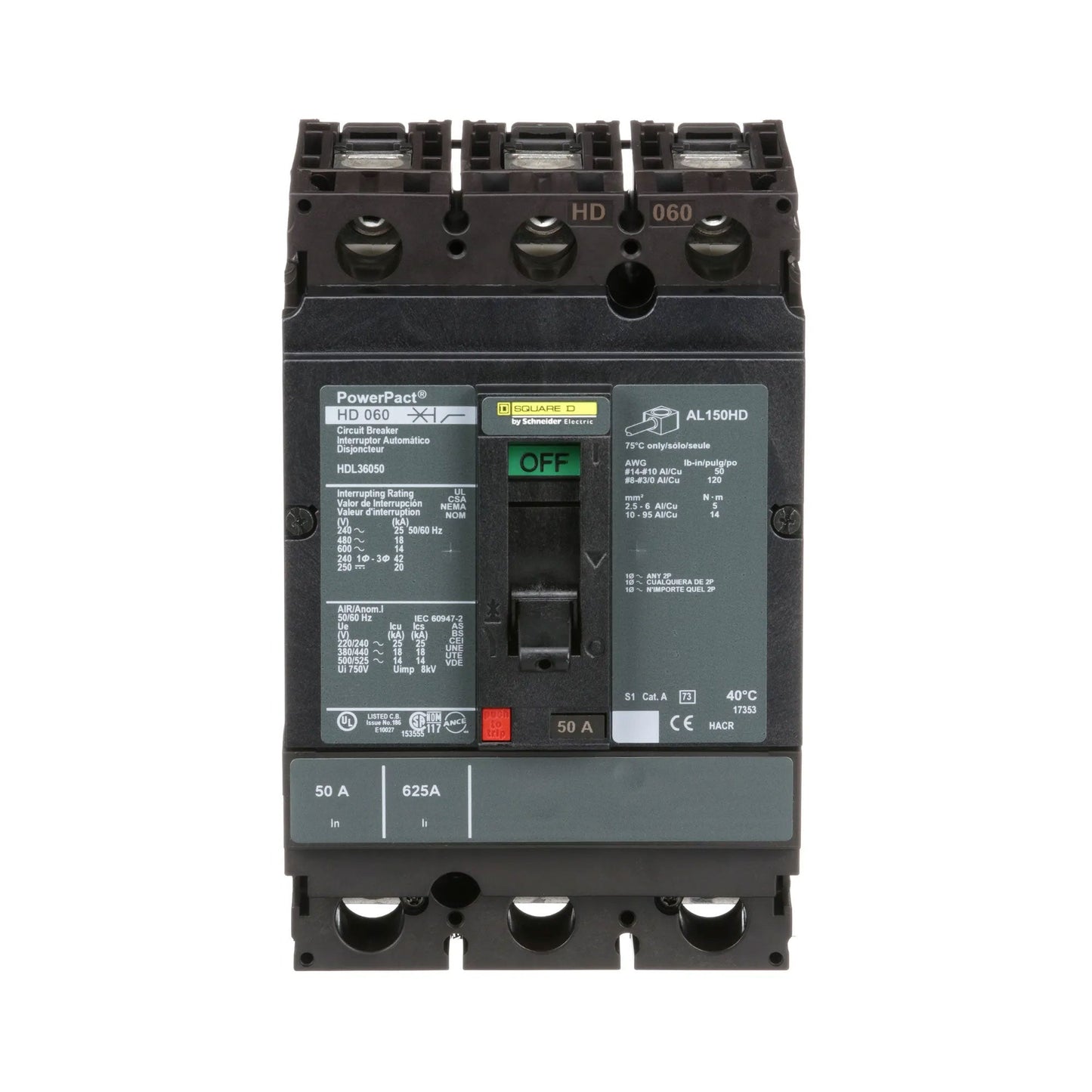 Square D HDL36050 Circuit Breaker | 600V 50A 3P 18kA@480V Bolt-On Powerpact