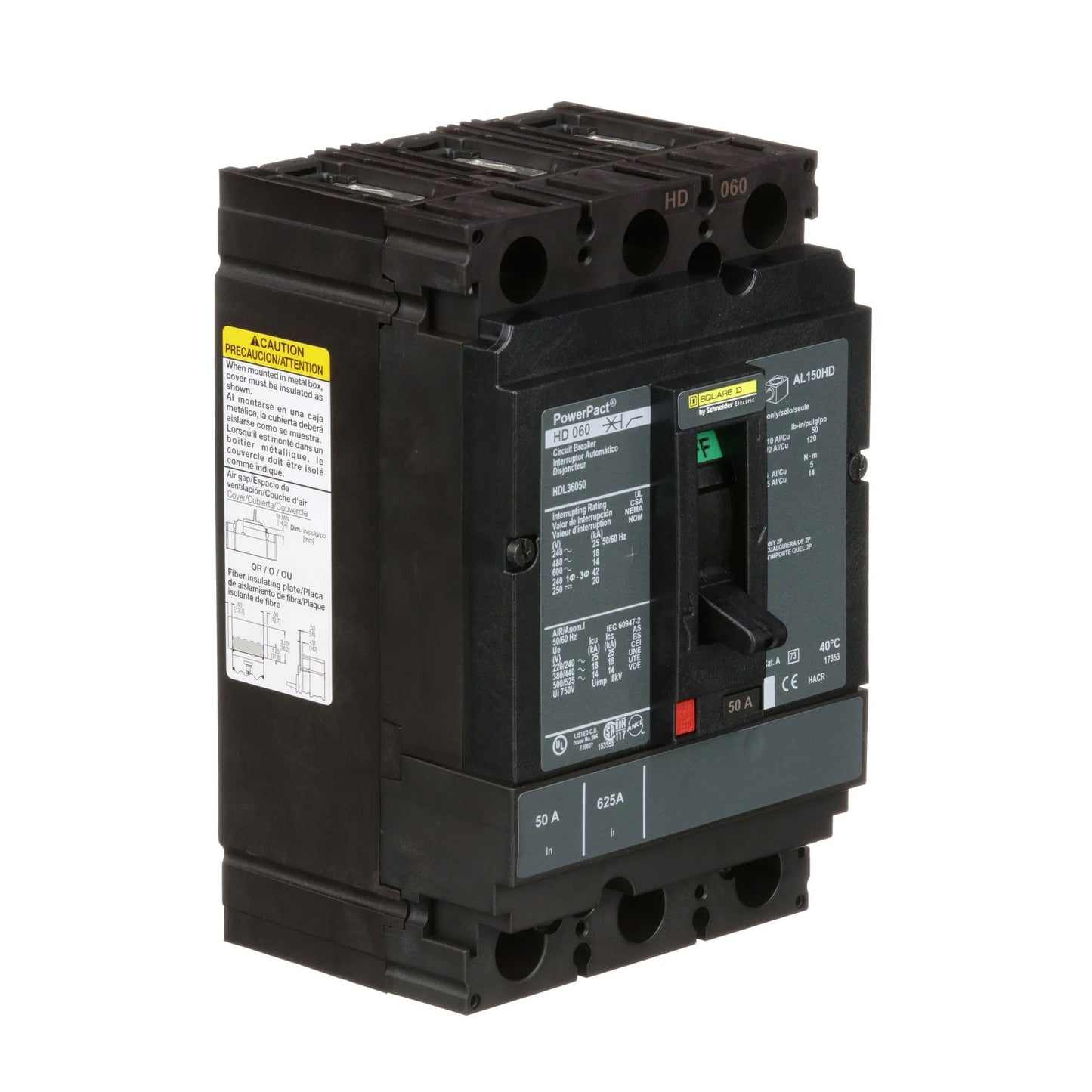 Square D HDL36050 Circuit Breaker | 600V 50A 3P 18kA@480V Bolt-On Powerpact