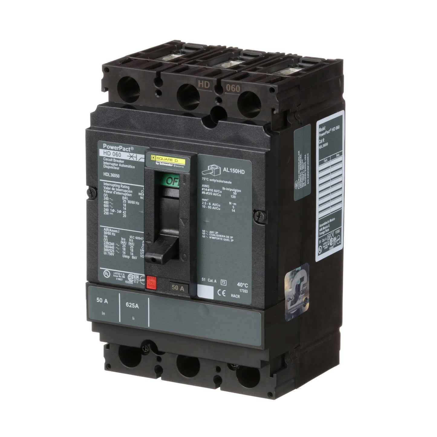 Square D HDL36050 Circuit Breaker | 600V 50A 3P 18kA@480V Bolt-On Powerpact