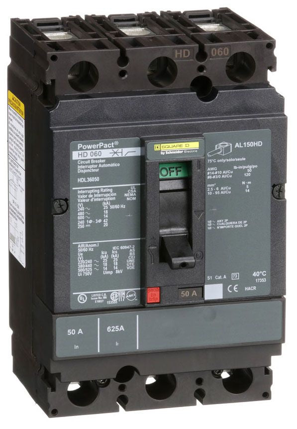 HDL36050 - Square D/ Schneider Electric Feed-Thru 50 Amp 3 Pole Circuit Breaker - Essential Electric Supply